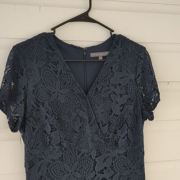 Sharagano Navy Fitted Sheath Cap Sleeve Lace Dress Scalloped Hem Size 8 - Picture 3 of 11